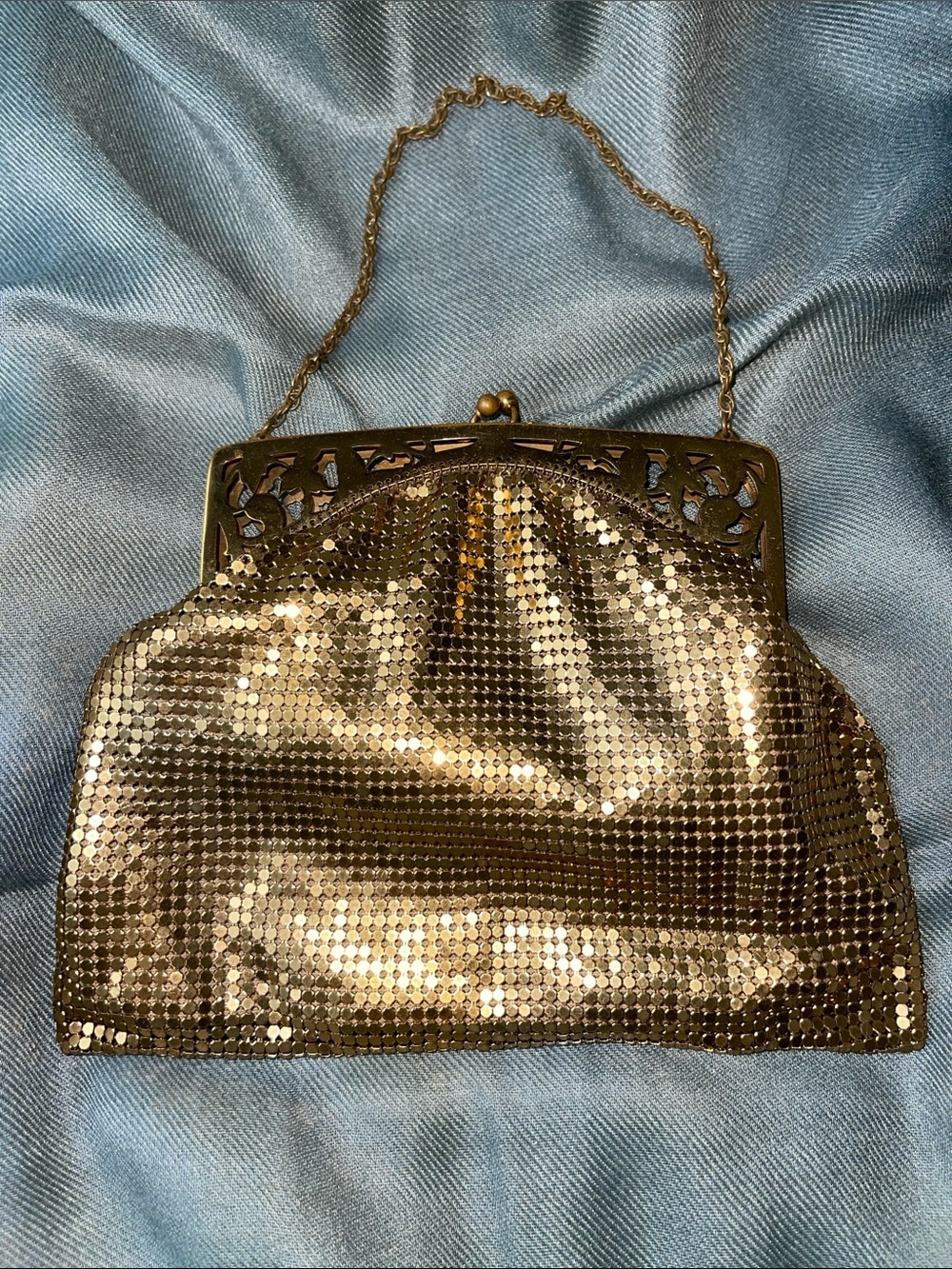 Whiting & Davis Gold Mesh Evening Bag Clutch Wristlet with Ornate Frame